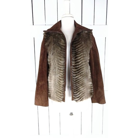 Vintage brown suede leather faux fur zipper jacket Because its by Gino Rossi sue - Picture 3 of 8